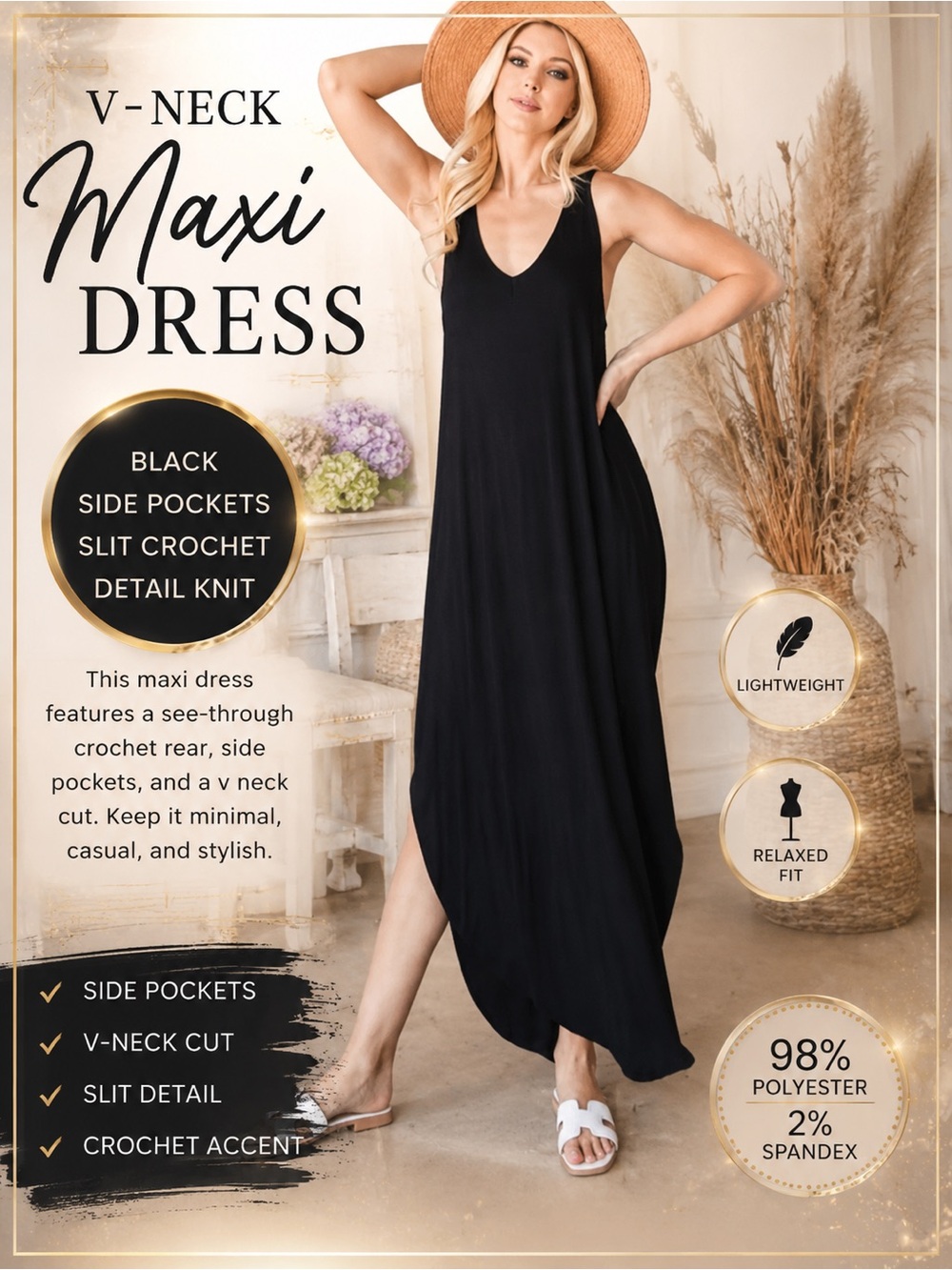 V-Neck Black Side Pocket Side Slit Crochet Detail Knit Maxi Dress